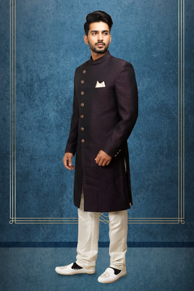 Dark Maroon Indowestern With Golden Button And Beige Pocket Square Details — back view, rent in Calicut