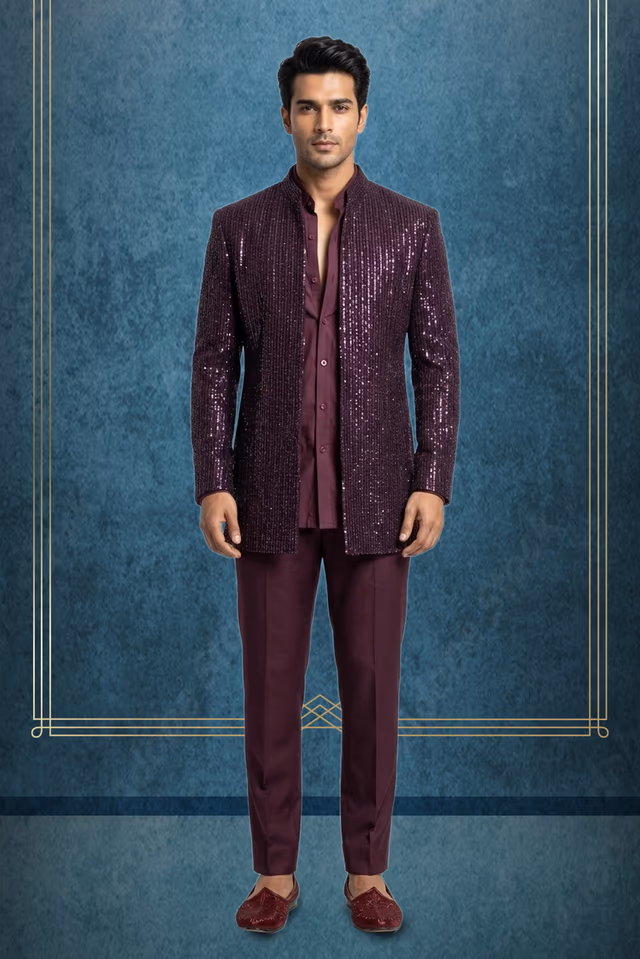 Elegant Plum Sequin Embroidered Sherwani with Matching Trouser Set — rent in Bangalore