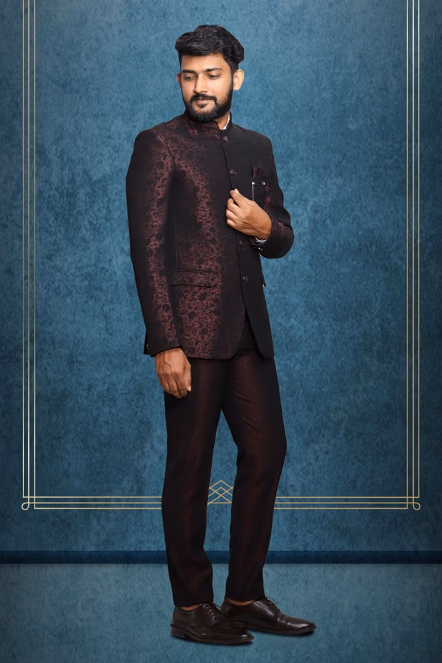 Brown and Black Exquisite Minimalist Jaquard Printed Classic Jodhpuri — back view, rent in Calicut