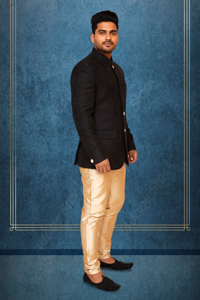 Black Chinese collar jodhpuri — back view, rent in Bangalore