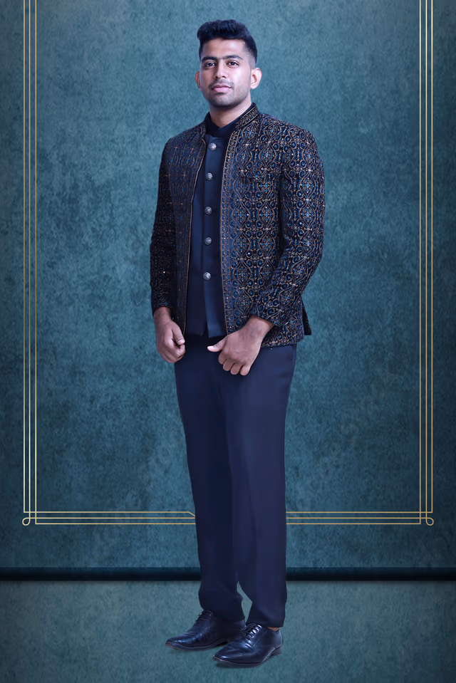 Black Elegant Jodhpuri With Contrast Threadwork Embroidery Details — back view, rent in Calicut
