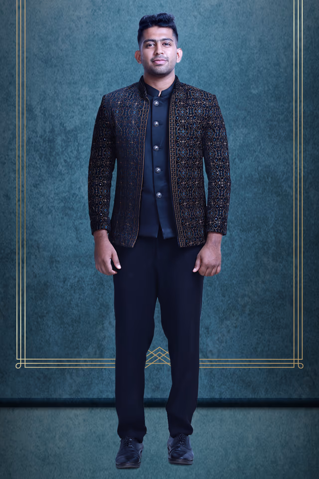 Black Elegant Jodhpuri With Contrast Threadwork Embroidery Details — rent in Calicut