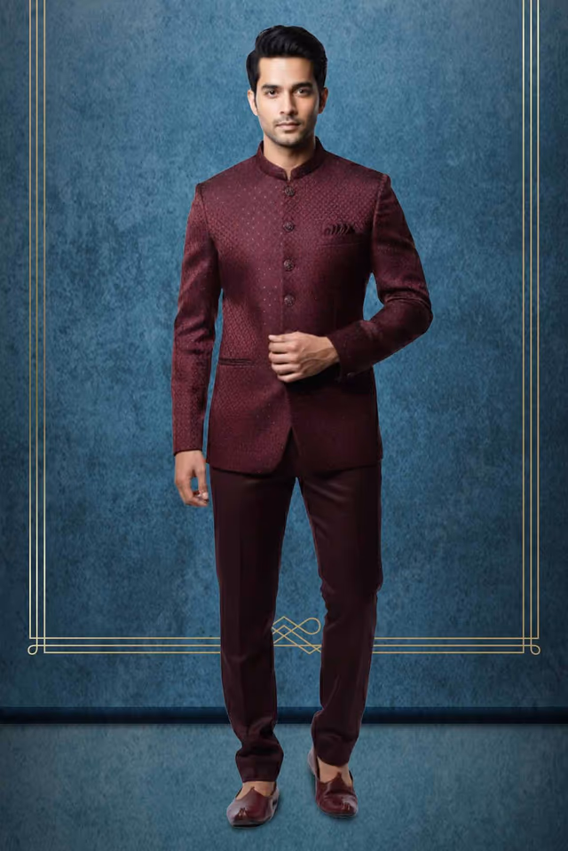 Crimson Self Textured Grooms Jodhpuri — rent in Calicut