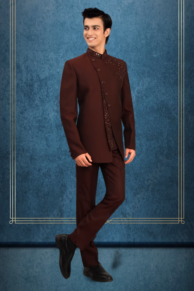Dark Maroon Party Jodhpuri With Handworked Details On Shoulder — back view, rent in Coimbatore