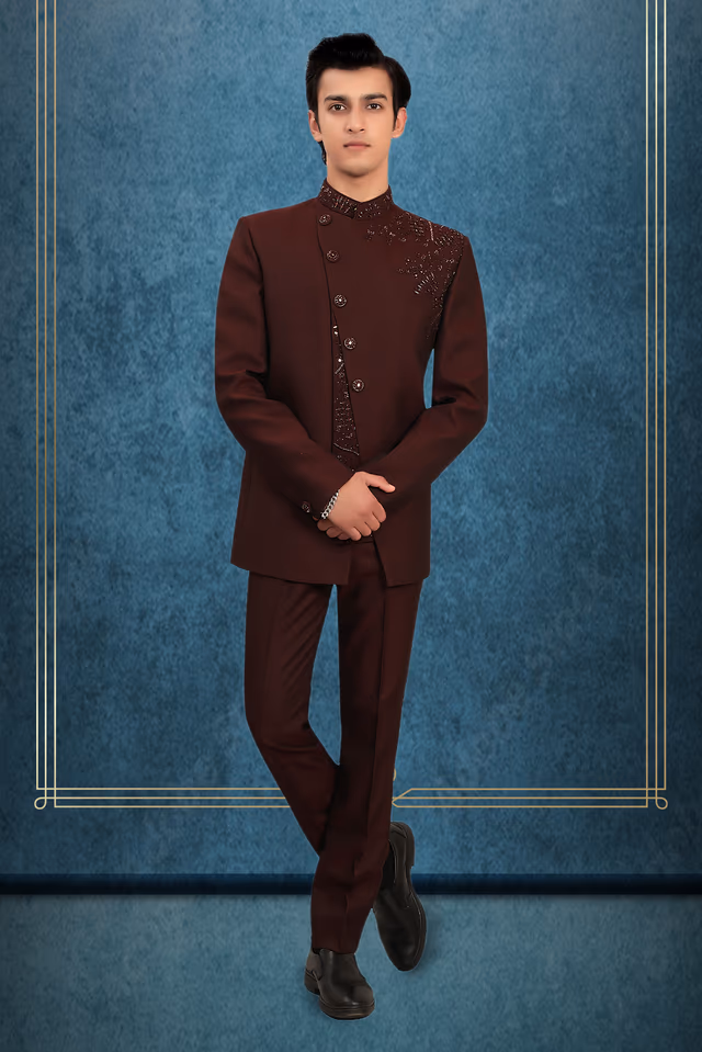 Dark Maroon Party Jodhpuri With Handworked Details On Shoulder — rent in Coimbatore