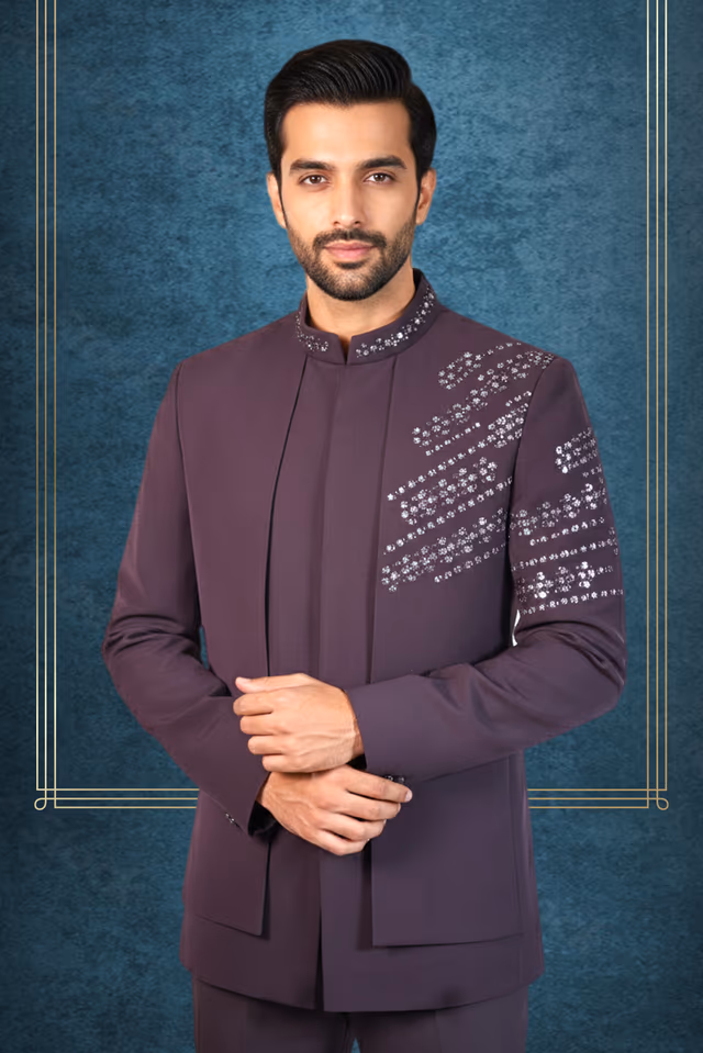 Deep wine indowestern with one shoulder work — back view, rent in Bangalore