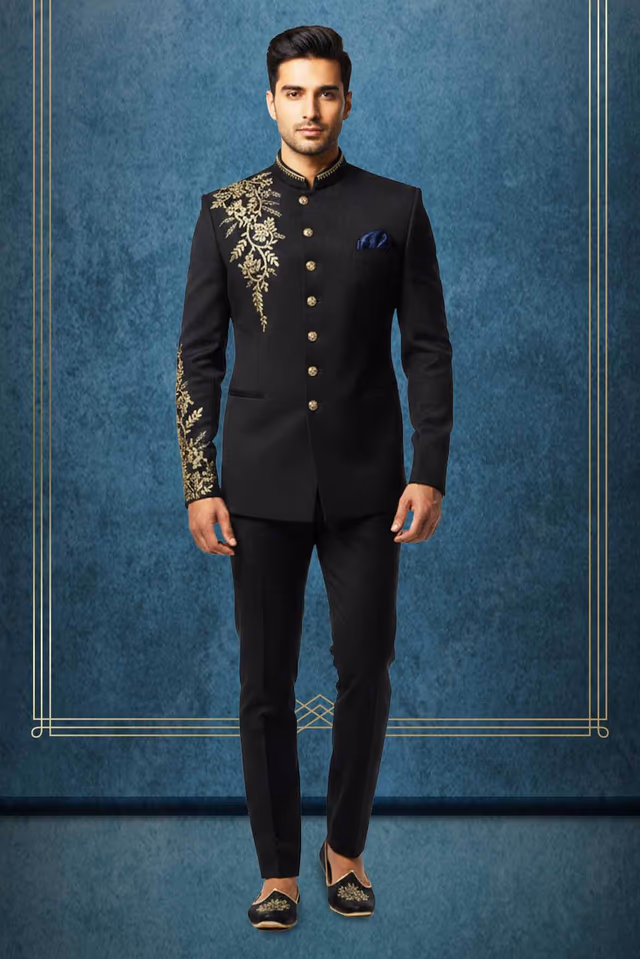 Black Designer Jodhpuri with Gold Floral Embroidery — rent in Coimbatore