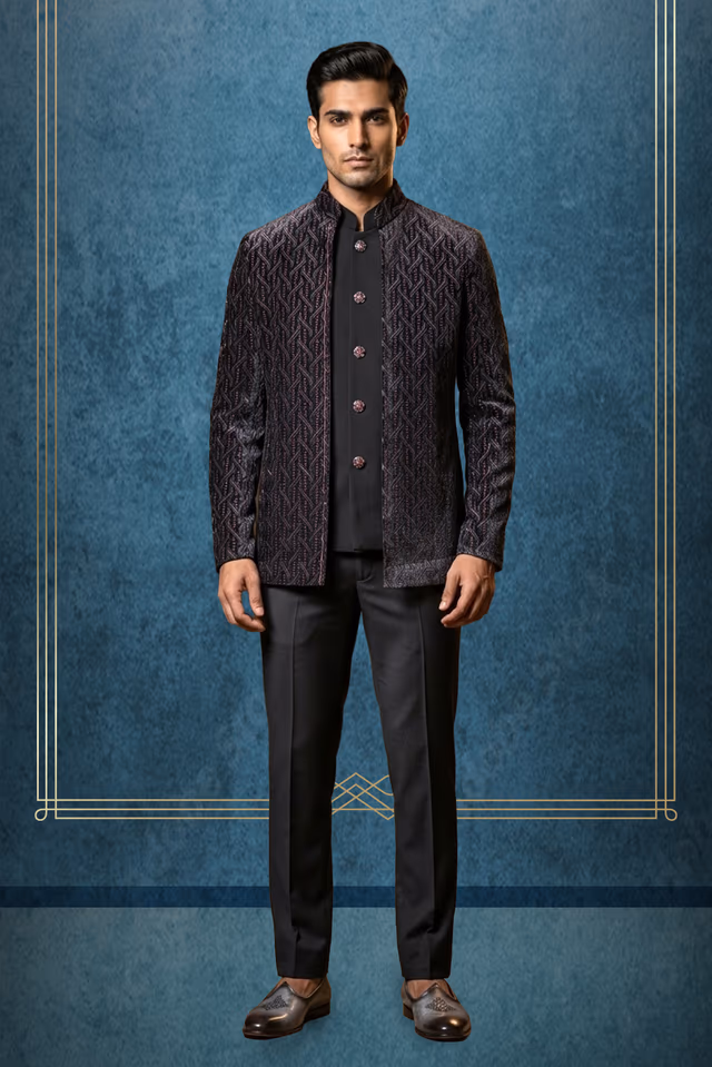 Geometric Patterned Open-Front Bandhgala Jacket with Inner Kurta Overlay — rent in Kochi