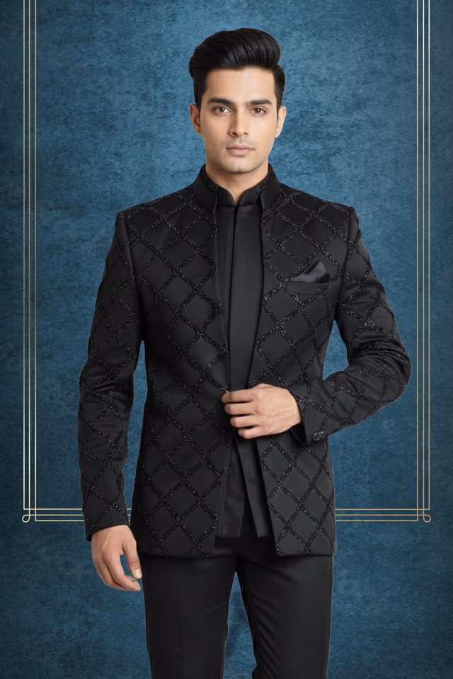 Black Elegant Grooms Jodhpuri With Cross Threadwork Details — back view, rent in Calicut