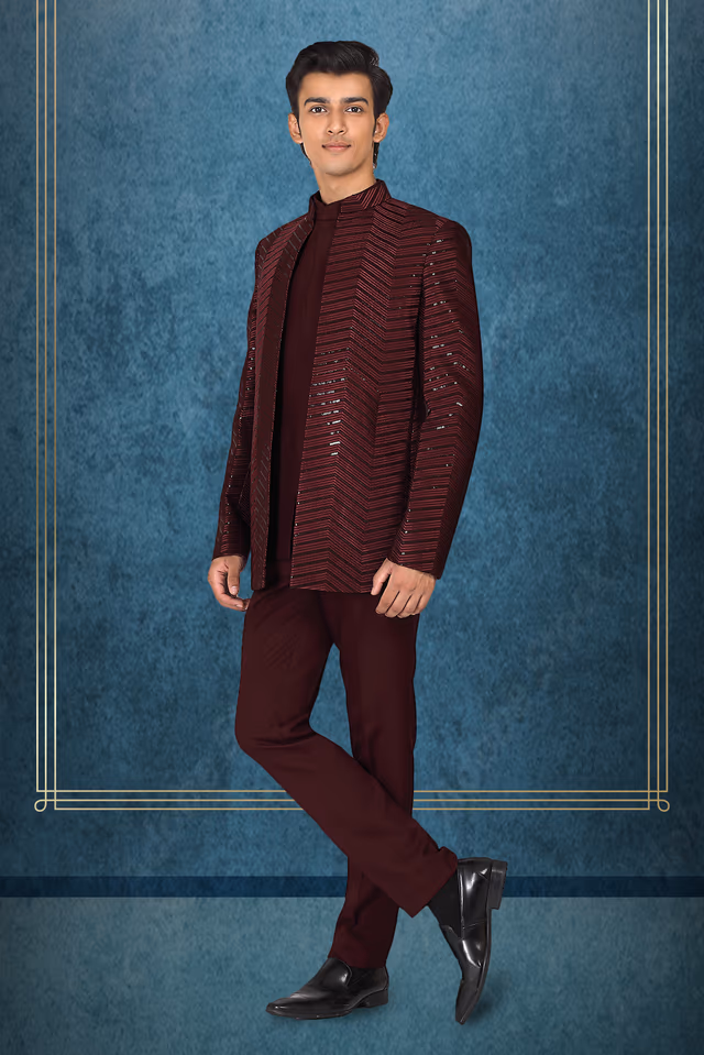 Maroon Jacket Jodhpuri With Threadwork Details — back view, rent in Coimbatore
