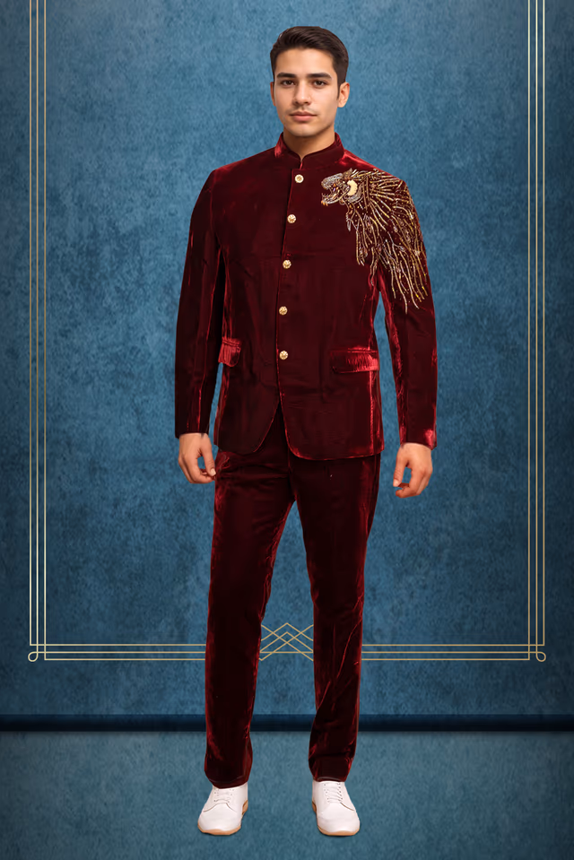 Maroon Velvet Grooms Jodhpuri — rent in Bangalore