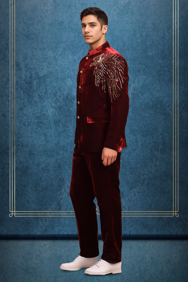 Maroon Velvet Grooms Jodhpuri — back view, rent in Bangalore