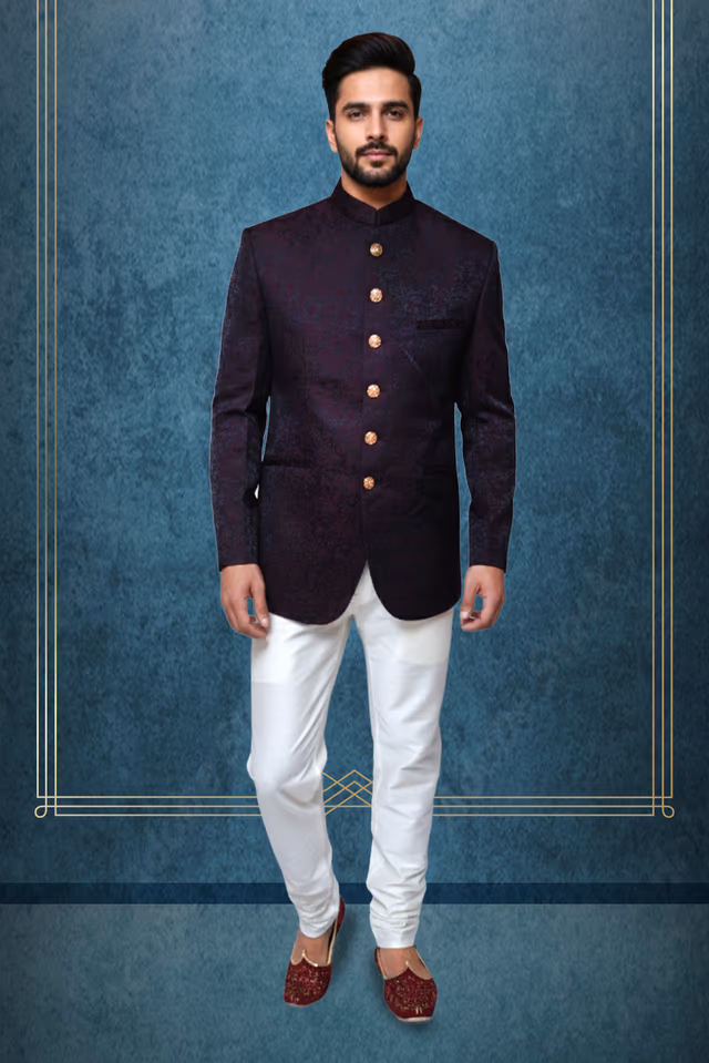 Men Deep Wine Textured Bandhgala Sherwani Jacket with Antique Gold Buttons — rent in Bangalore