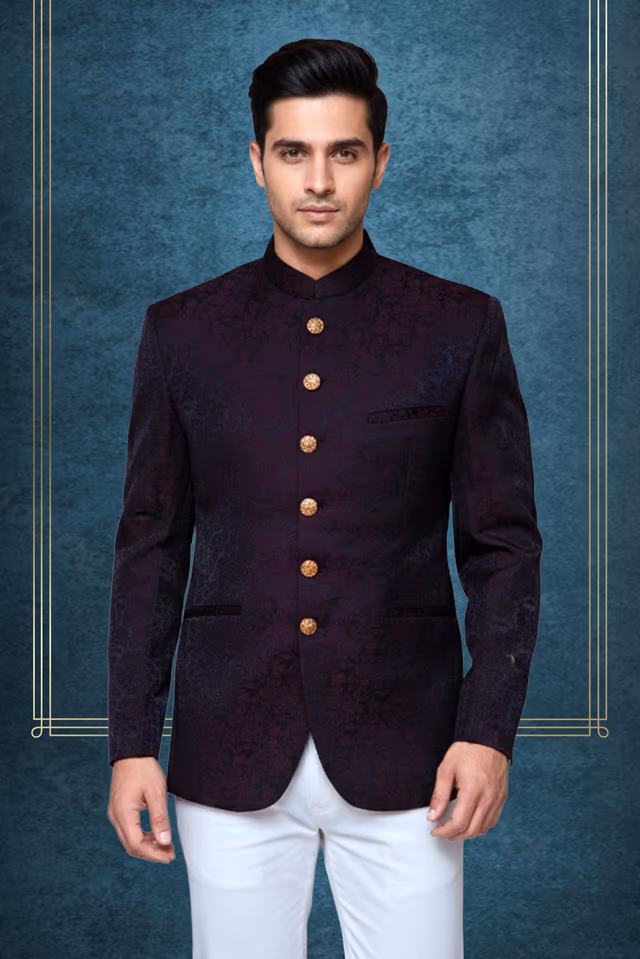 Men Deep Wine Textured Bandhgala Sherwani Jacket with Antique Gold Buttons — back view, rent in Bangalore