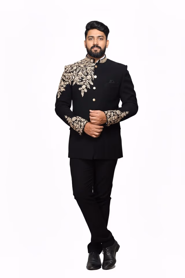 Men’s Black Bandhgala Suit with Golden Leaf Embroidery — rent in Kochi
