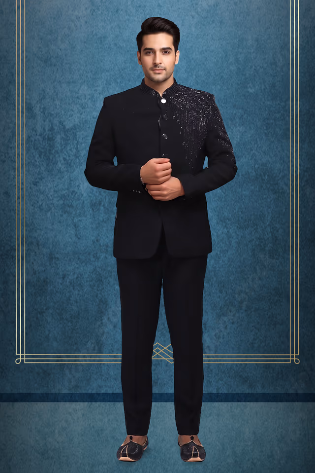 Men’s Black Bandhgala Suit with Sequined Shoulder Embellishment — rent in Kochi
