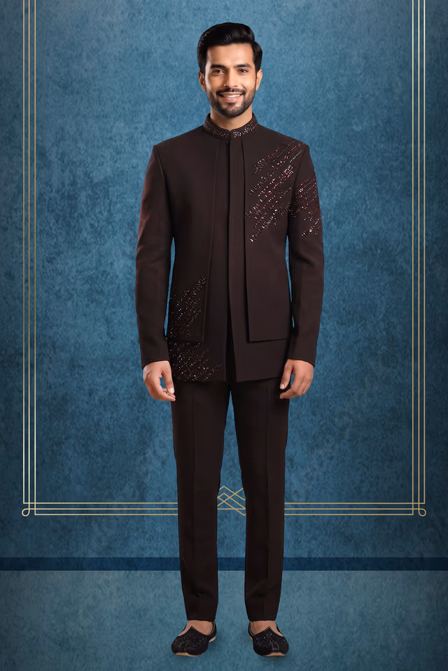 Men’s Deep Purple Indo-Western Jodhpuri Suit with Hand-Embellished Bead & Sequin Detailing — rent in Kochi