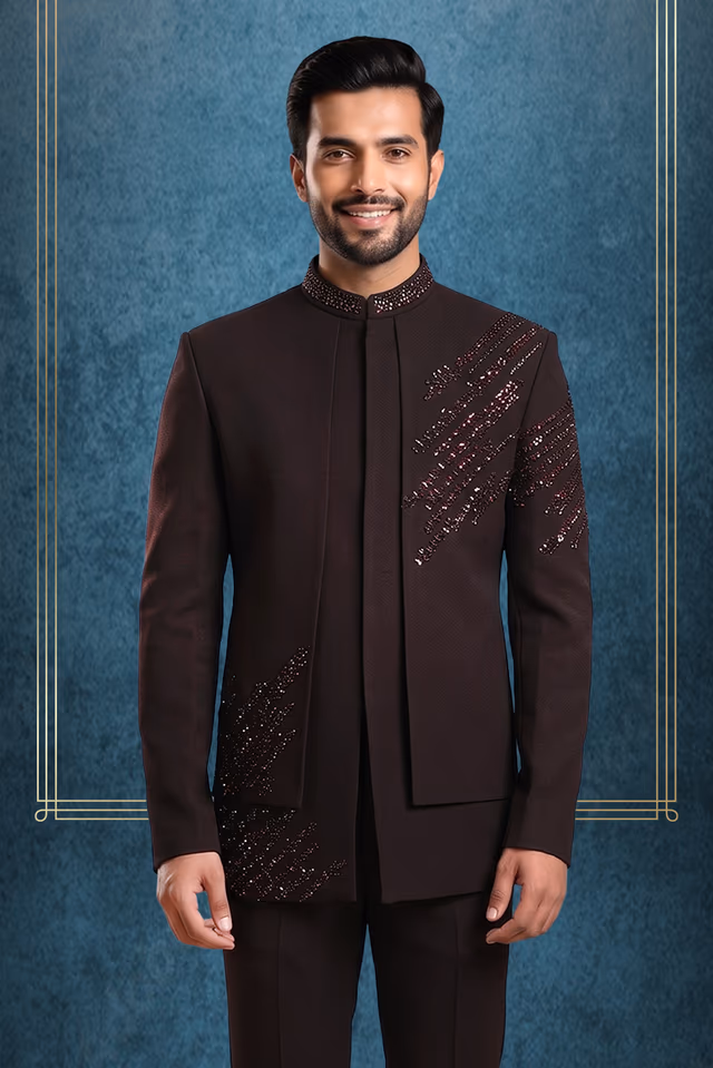 Men’s Deep Purple Indo-Western Jodhpuri Suit with Hand-Embellished Bead & Sequin Detailing — back view, rent in Kochi