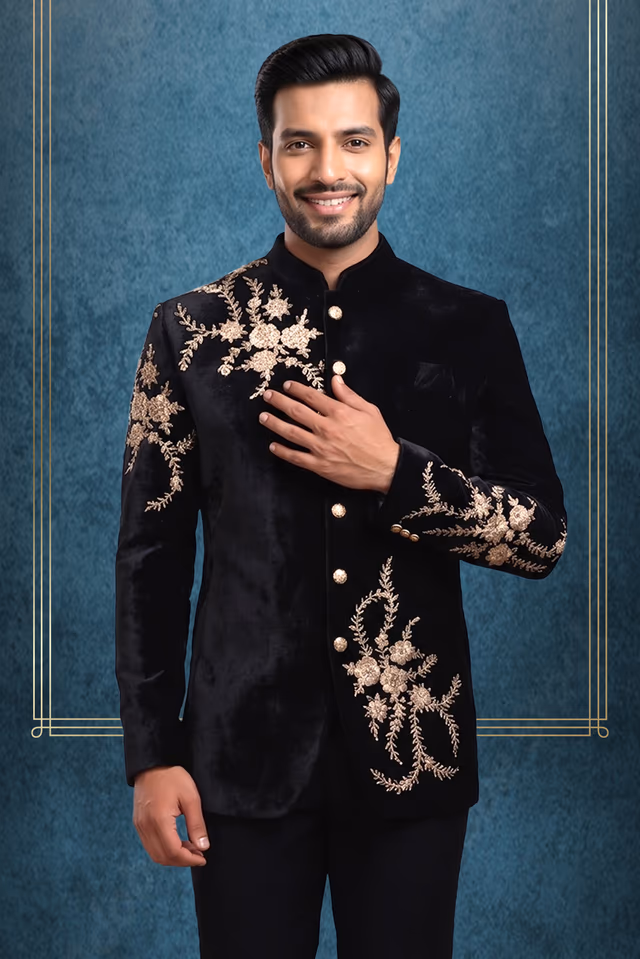 Men’s Black Velvet Bandhgala Suit with Golden Floral Embroidery — back view, rent in Kochi