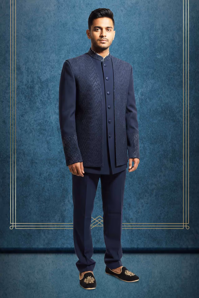 Navy Blue Indo western Jodhpuri  Suit 3 pcs  Set — rent in Coimbatore