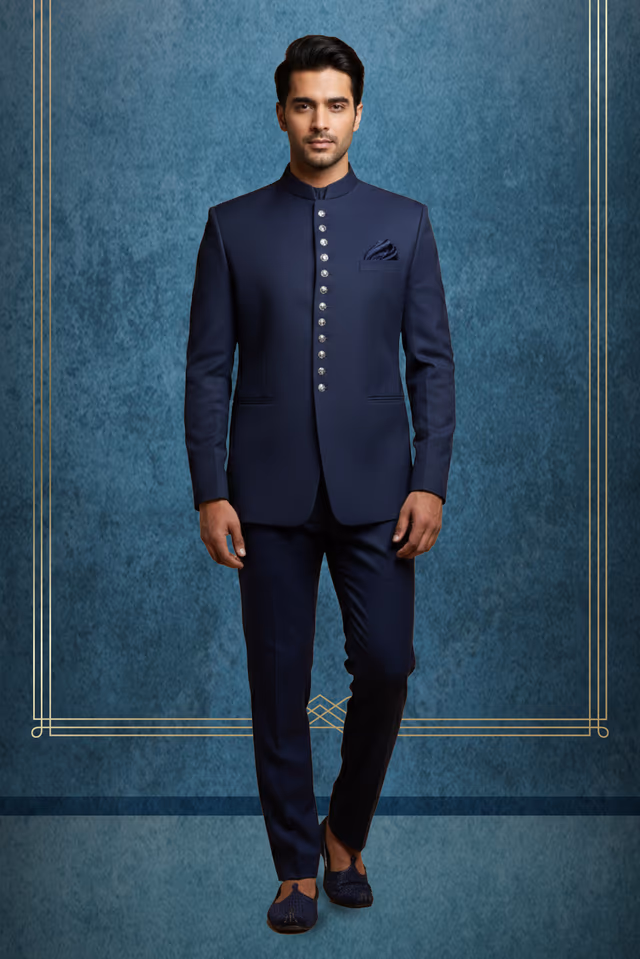 Elegant Navy Blue Jodhpuri With Self Print Texture details Along With Golden Front Buttons — rent in Calicut