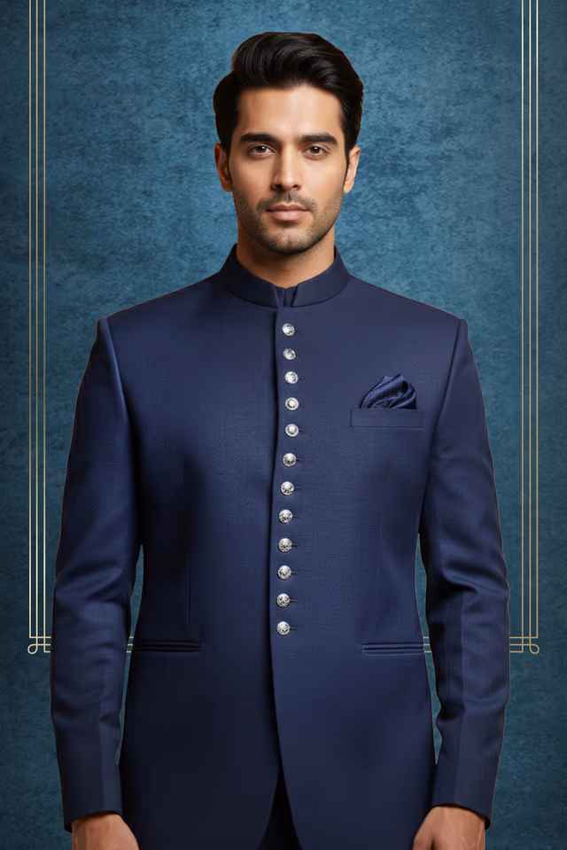 Elegant Navy Blue Jodhpuri With Self Print Texture details Along With Golden Front Buttons — back view, rent in Calicut