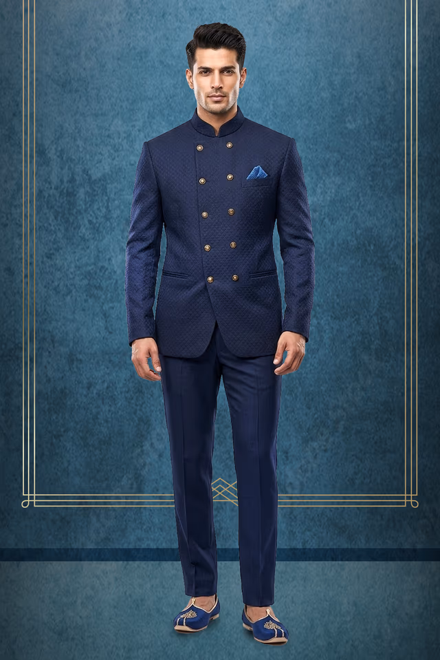 Elegant Navy Blue Textured Jodhpuri With Golden Button Detailing — rent in Bangalore