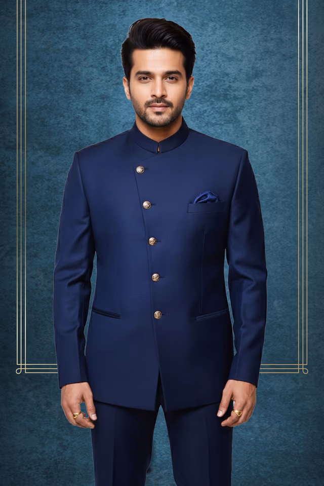 Oxford blue jodhpuri in japnaese — back view, rent in Bangalore