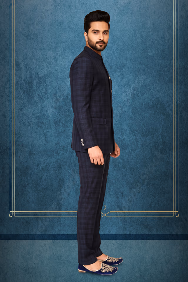 Modern Plaid Jodhpuri Suit with Mandarin Collar — back view, rent in Bangalore