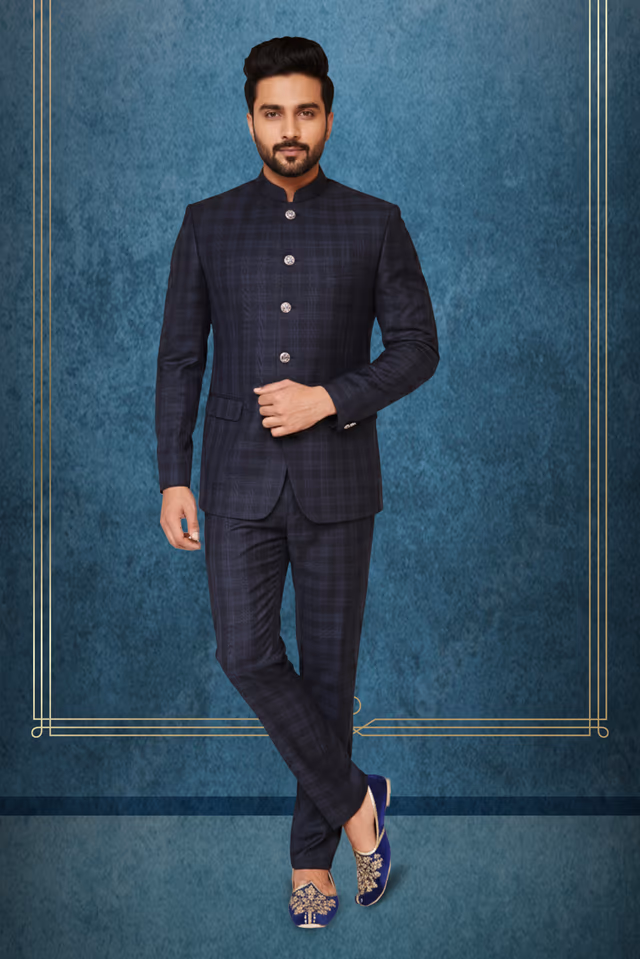 Modern Plaid Jodhpuri Suit with Mandarin Collar — rent in Bangalore