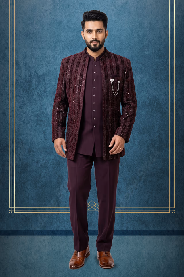 Purple Bandhgala Jacket With Detailed Embellished Buttons And Pocket Chain Ideal For Traditional Or… — rent in Calicut