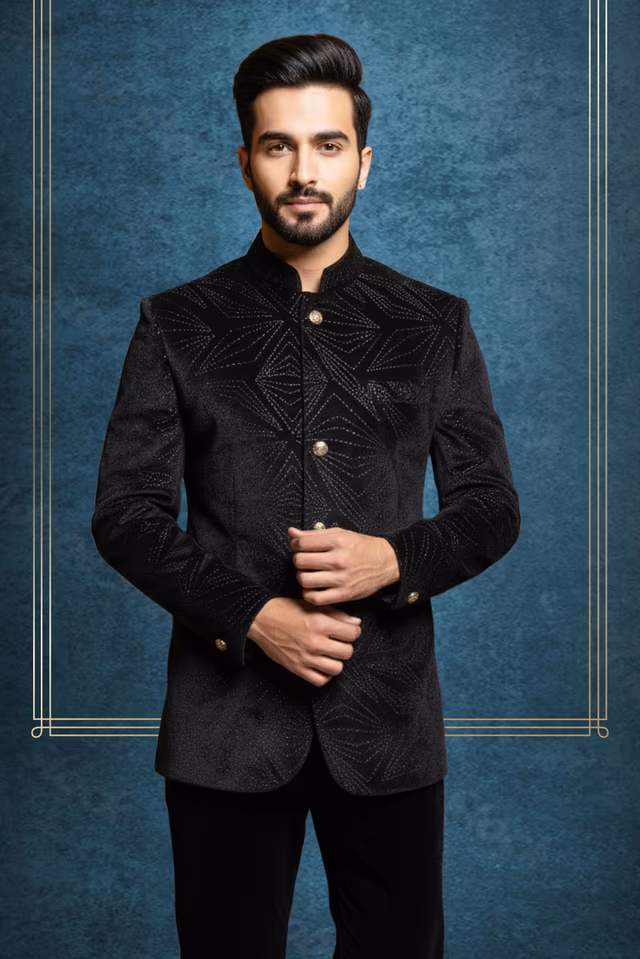 Ravishing Black Jodhpuri With Self Print Texture details — back view, rent in Calicut