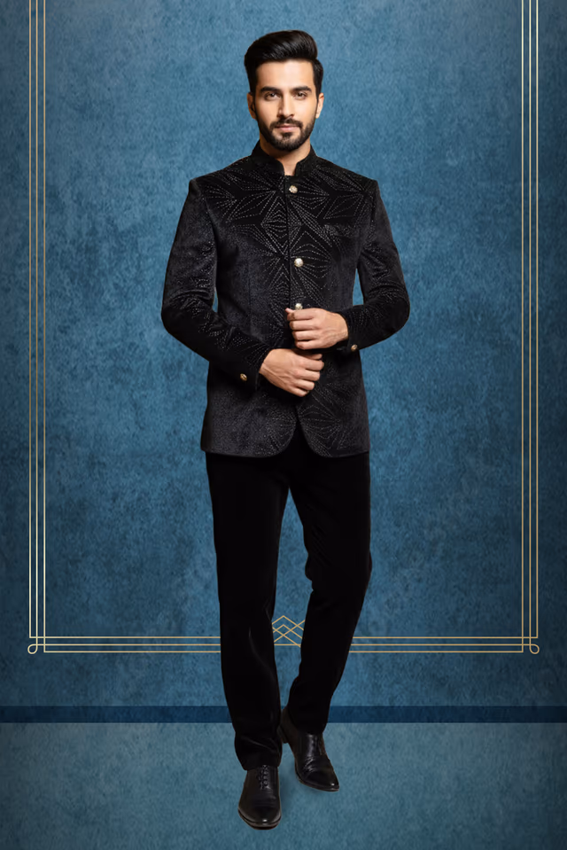 Ravishing Black Jodhpuri With Self Print Texture details — rent in Calicut