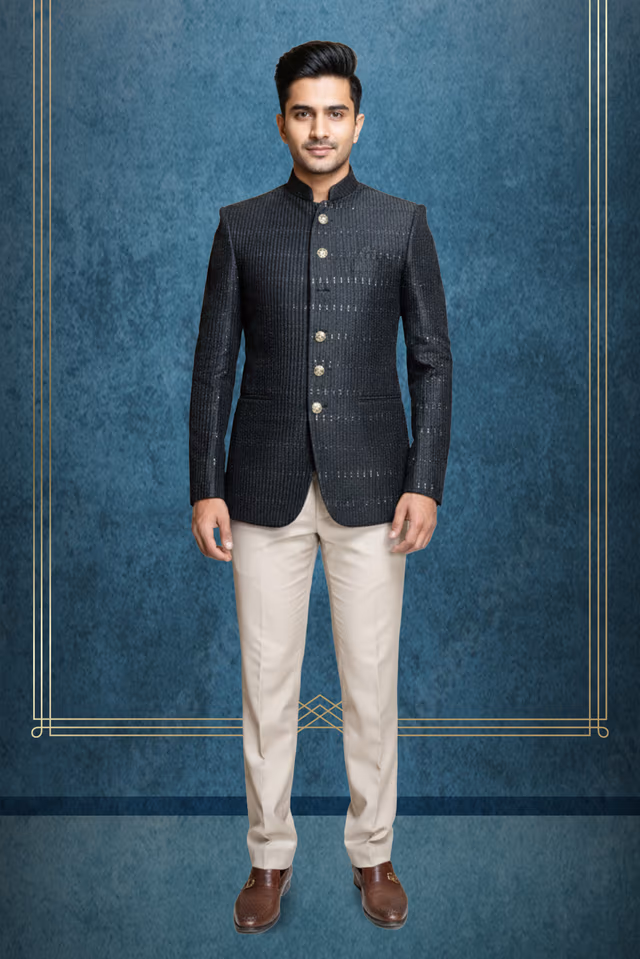Ravishing Black Jodhpuri With Self Print Texture details Along With Beige Pant — rent in Calicut