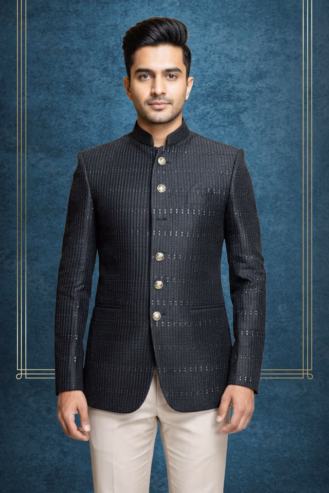 Ravishing Black Jodhpuri With Self Print Texture details Along With Beige Pant — back view, rent in Calicut