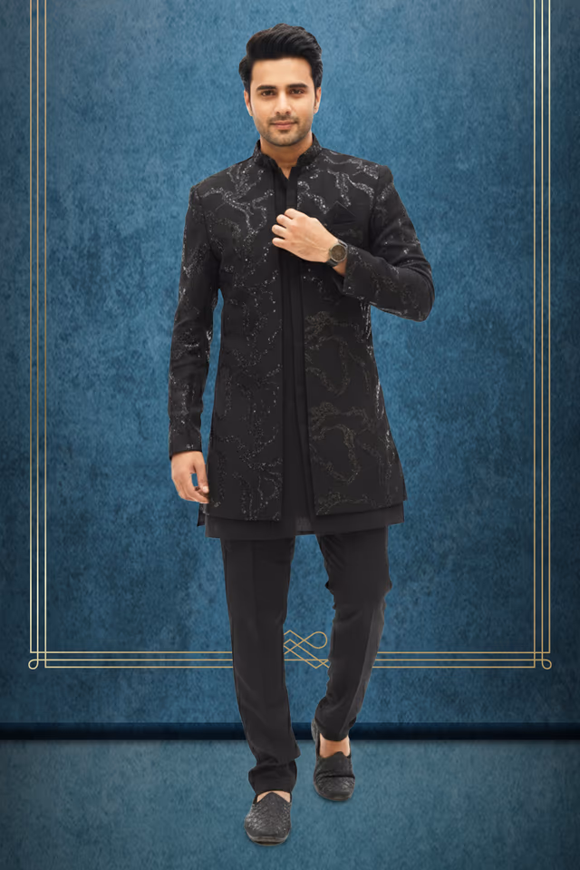 Black Sequence Worked Jodhpuri Suit Set — rent in Coimbatore