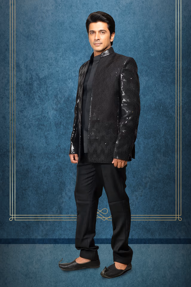 Stunning Black Sequin Blazer Boasting A Modern Shimmer Finish And Sharp Tailoring Perfect For… — back view, rent in Calicut