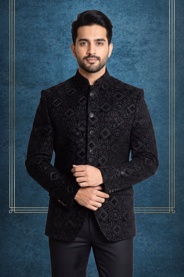 A Black and silver Bandhgala Jacket with intricate, heavily embroidered brocade patterns,… — back view, rent in Calicut