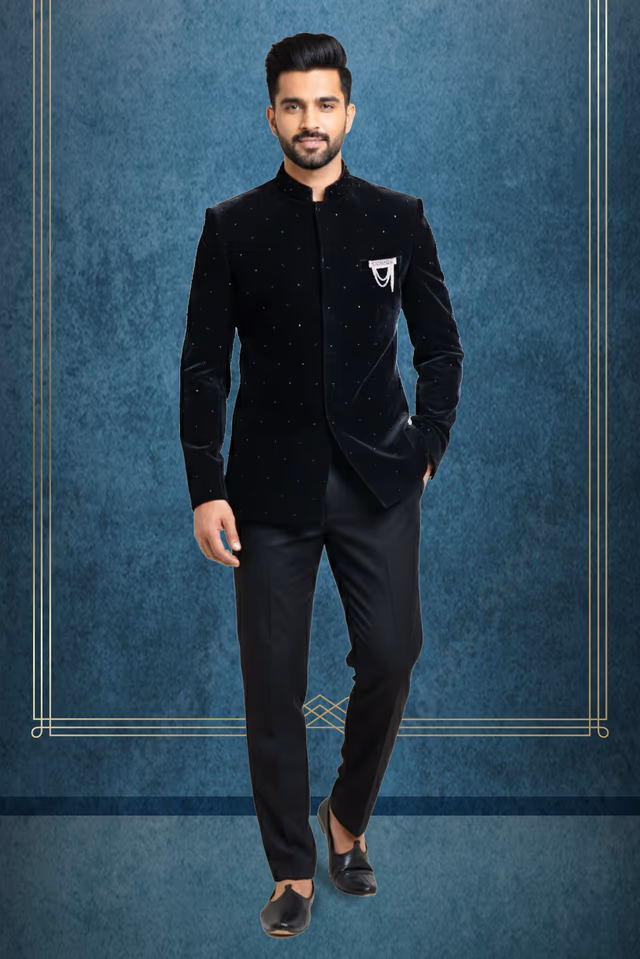 Elegant Black Jodhpuri With Uniform Minimal Polka Embellishments — rent in Calicut