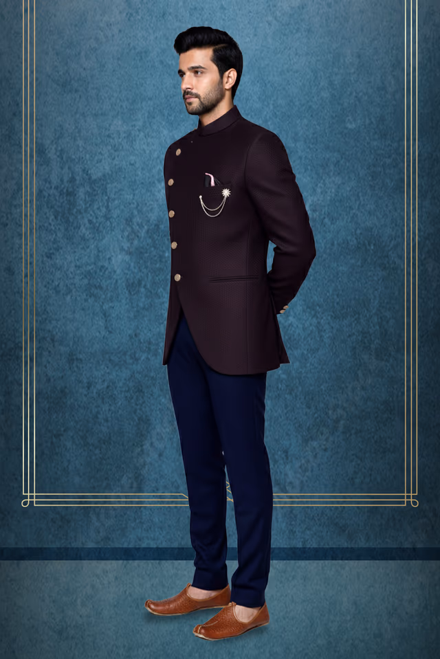 Wine jodhpuri in asymmetrical — back view, rent in Bangalore