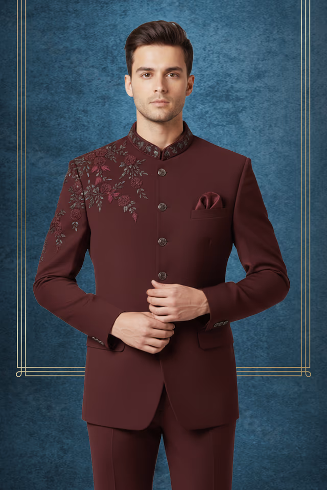 Wine  Indo Western Jodhpuri  with Floral Embroidery — rent in Coimbatore