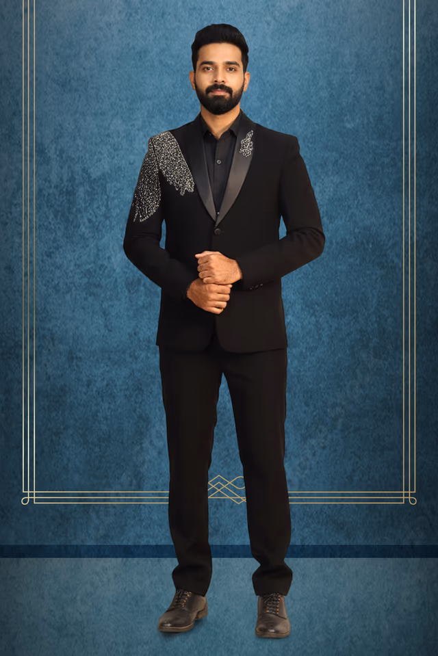 Black Grooms Tuxedo With Golden Handworked Details On Collar And Right Shoulder — rent in Calicut