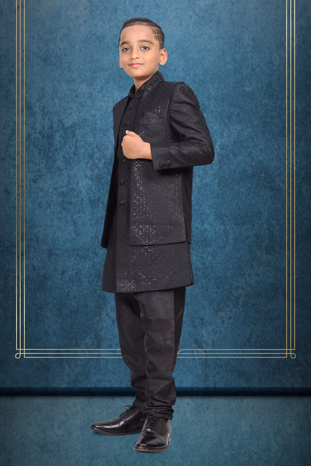 Black sherwani — back view, rent in Calicut