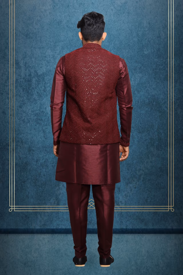 Brownish Maroon Chikankari Kutha Pyjama with Detailed Sleeveless Jacket — back view, rent in Calicut