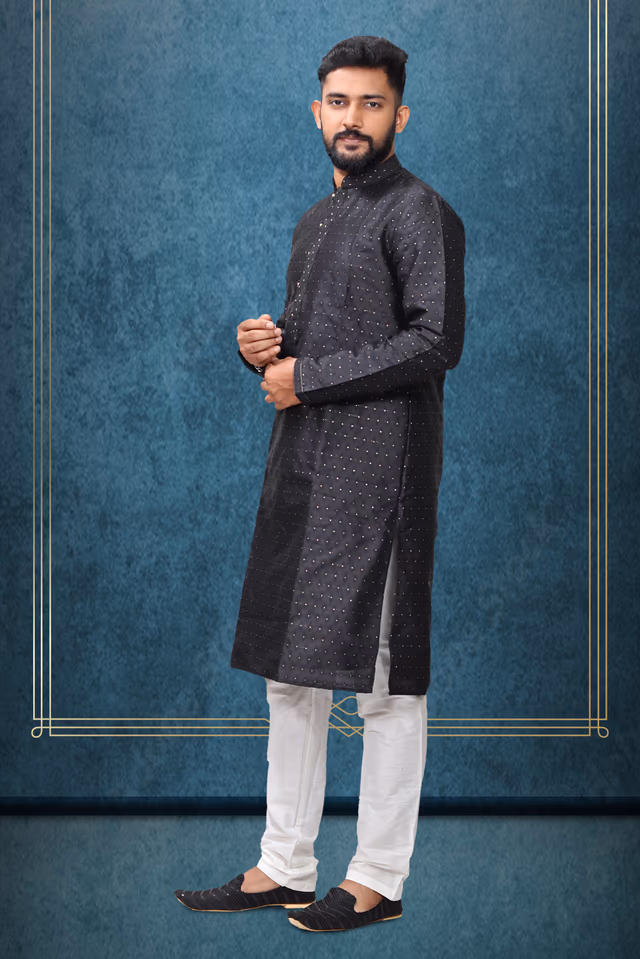 Black Colour Ethnic Kurtha In Golden Threadwork Textured Dupion Silk Fabric And White Bottom — back view, rent in Calicut