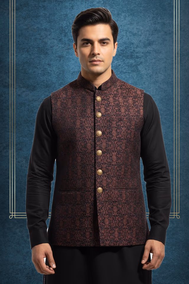 Dark Brown Polycotton Kutha Pyjama with Detailed Sleeveless Off White Jacket — rent in Calicut