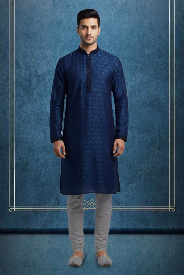French Blue Grooms Kurtha Set With Threadwork Details — rent in Calicut