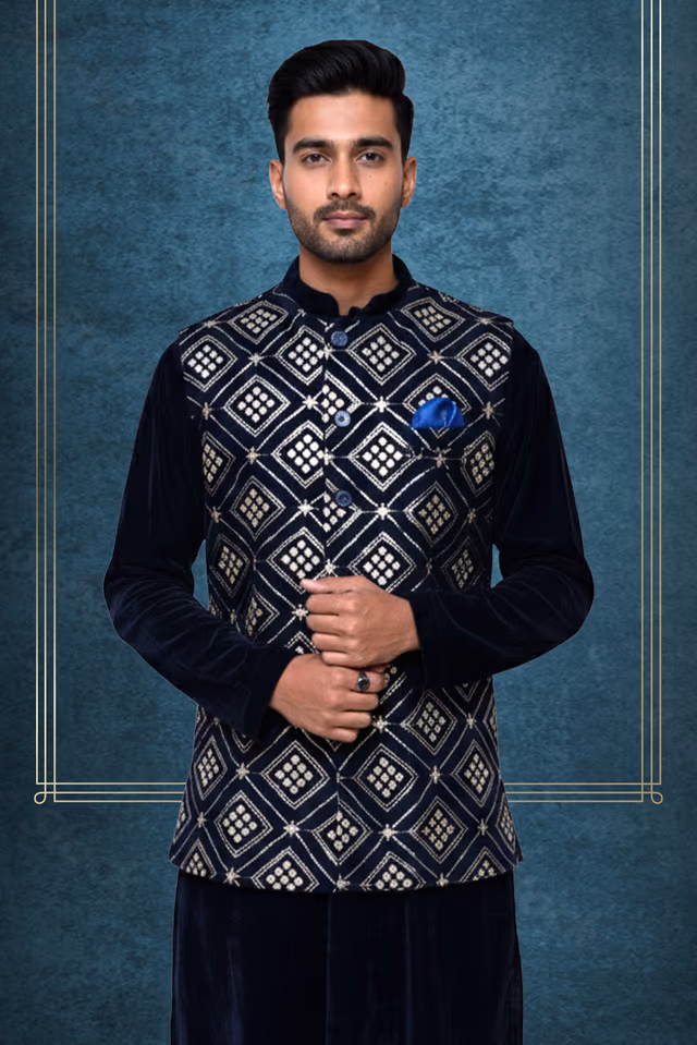 Kurta jacket set in velevet with a sequenced work — back view, rent in Bangalore