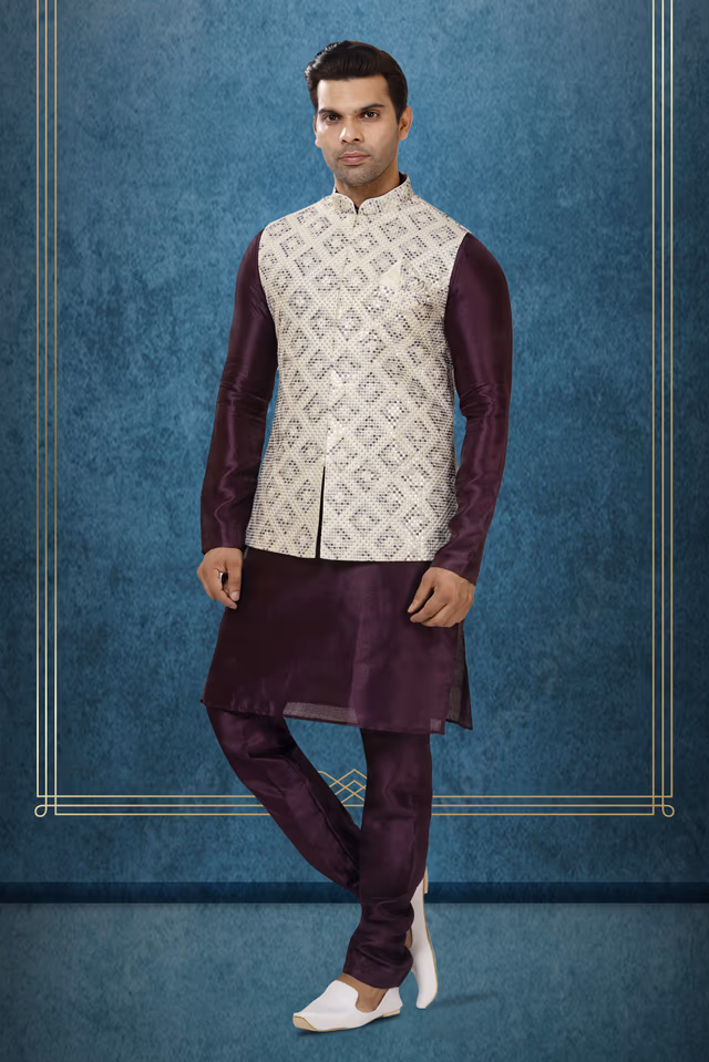 Elegant Kurta Modi Jacket Set — back view, rent in Coimbatore