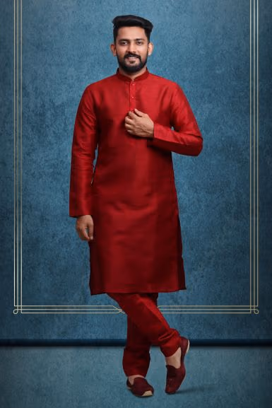 Maroon Kurta Pyjama in Blended Fabric — rent in Bangalore